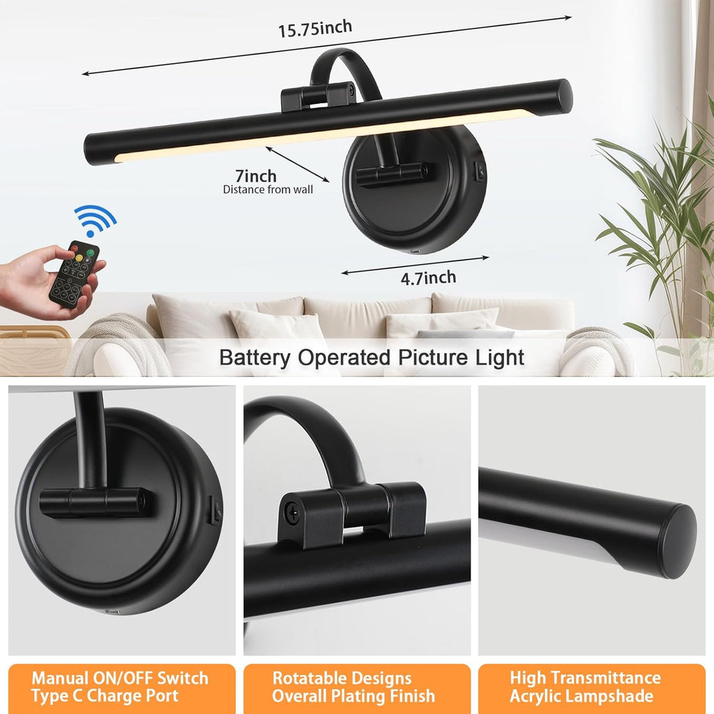Rechargeable Picture Light for Wall, Cordless Art Lights Battery Operated, Dimmable Wall Light with Remote & Timer, 3 Color Modes for Paintings, Gallery, Artwork(Black, 15.7inch)