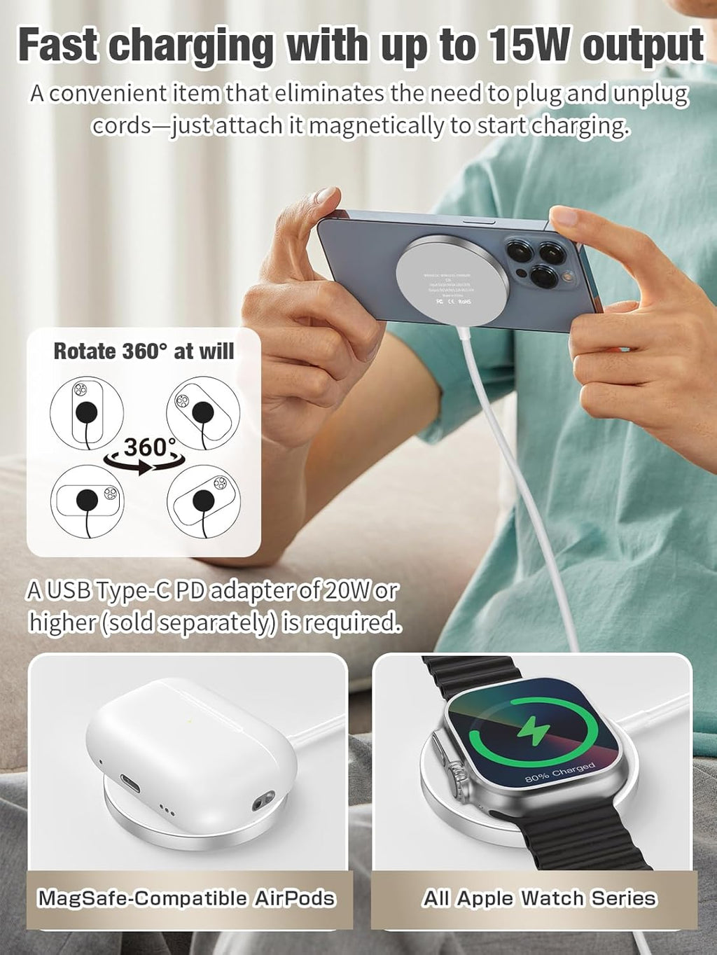 3 in 1 Magnetic Wireless Charging Station, 15W Fast Charger Compatible with iPhone 17/16/15/14/13/12 Series, Apple Watch 9-2/SE, AirPods Pro 3/2/1, for Bedside Desk Travel Home Office (Silver)