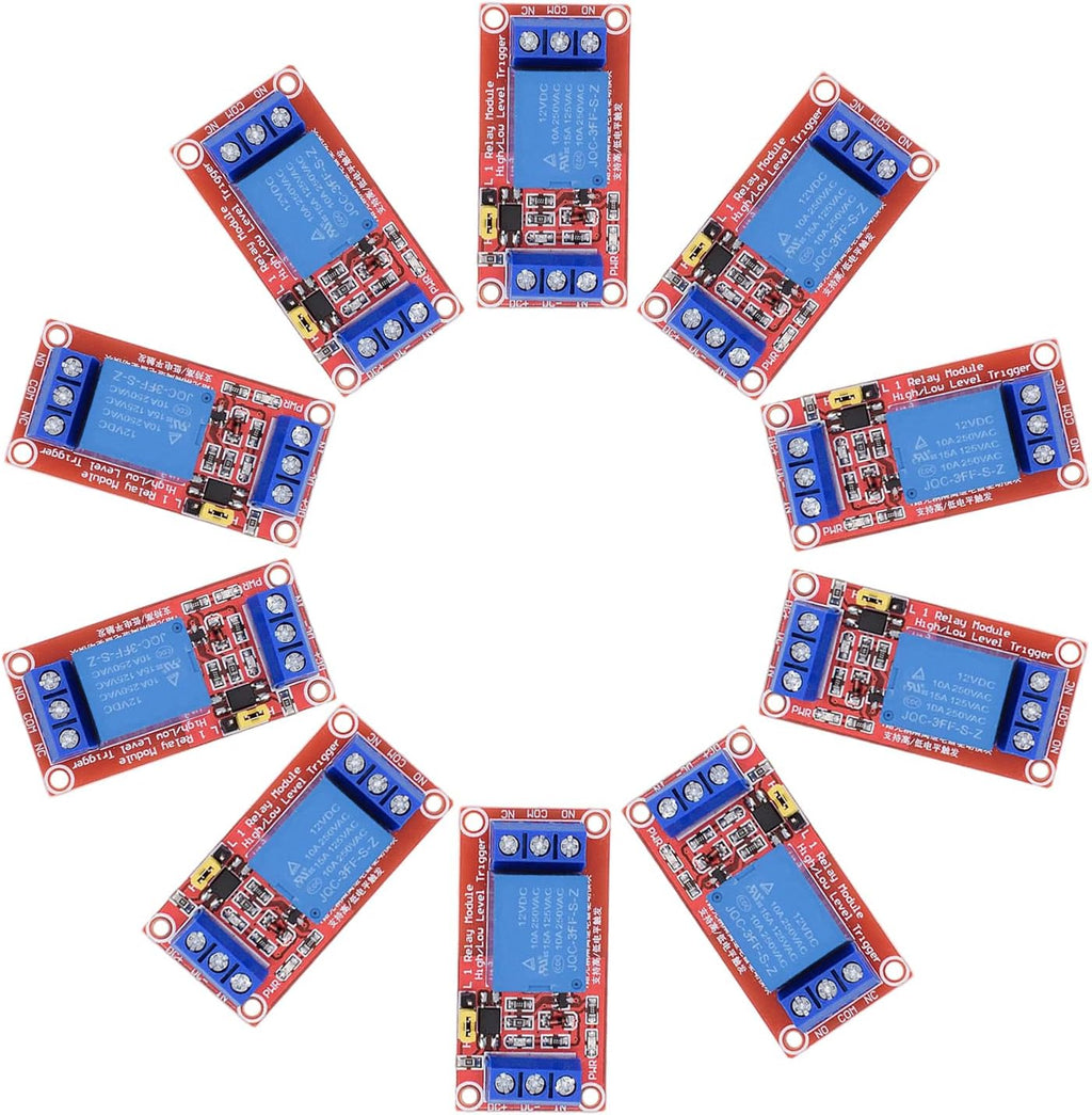 DC 12V Relay Module 1-Channel Relay Switch with Optocoupler Isolation High/Low Level Trigger, Pack of 10