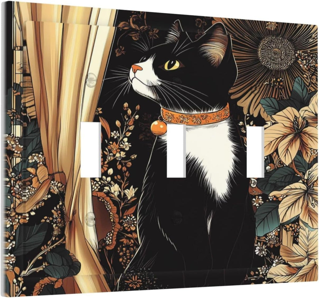 Decorative Switch Plates Boho Mandala Floral Black Cat Vintage Flower 3 Gang Wall Plate Triple Toggle Light Switch Cover Faceplate Electrical Wall Panels For Farmhouse Home Decor