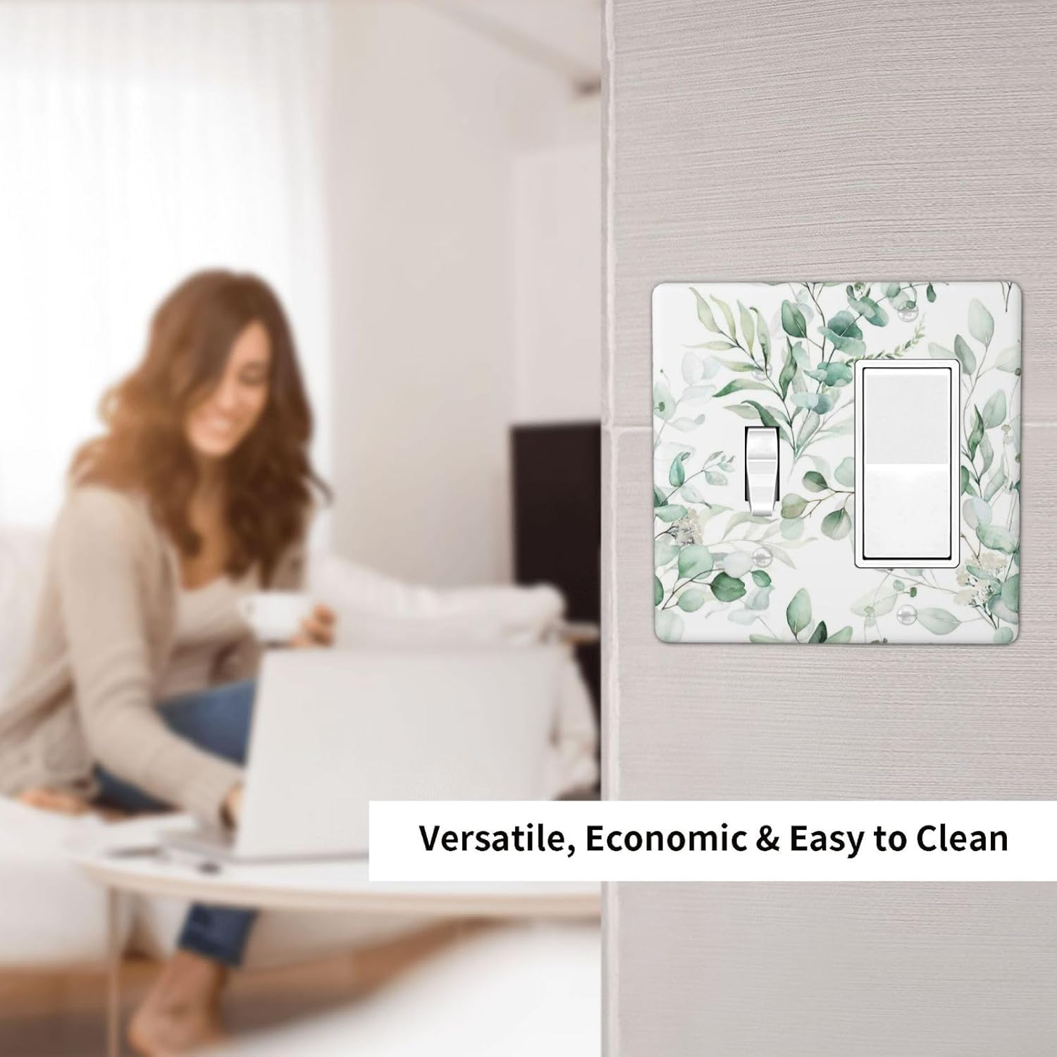 Boho Green Eucalyptus Leaf Floral Plants Flowers Outlet Covers 1 Toggle 1 Rocker Combination Decorative Wall Plate Electrical Switch Plates Light Switch Cover Plate for Bed Room Living Room Decor