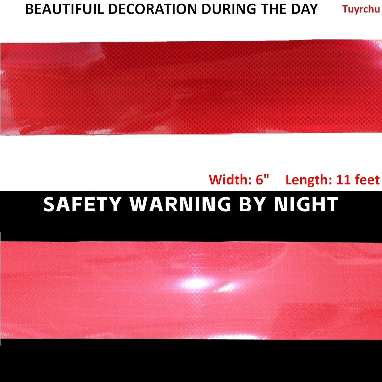 Non Fading Reflective Tape Red Outdoor Waterproof 6 inch, High Visibility Warning Industrial Marking Tape, Safety Stickers (11 feet)