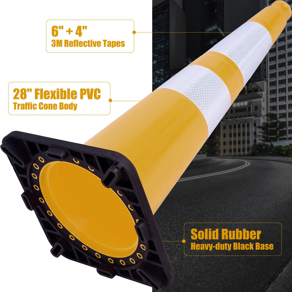 6 Pack 28" Large PVC Traffic Cones with Heavy-Duty Black Base, Garage Parking Lot Cones Structurally Stable Weatherproof Road Construction Safety Cones (6, Yellow, 28" Large)