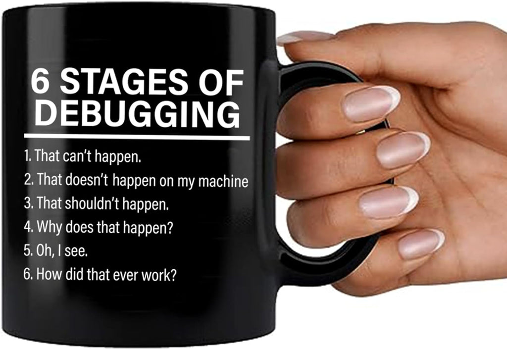 Panvola Stages Of Debugging Computer Programmer Gift Funny Programming Mug For Dad Husband Boyfriend Coworker From Wife Girlfriend Friends Coffee Cup (11 oz, Black)