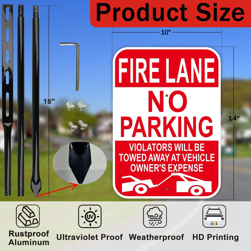 Fire Lane No Parking Sign with 54 Inch Metal Stakes, Red, Aluminum, 10x14 Inches, Reflective, Weather-Resistant, 2 Pack