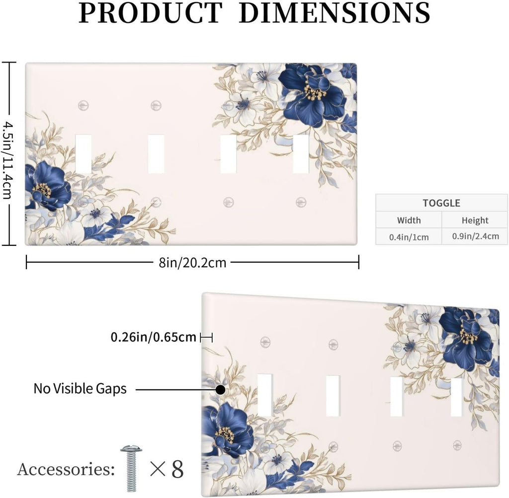 Decorative Light Switch Cover Plate Rustic Blue Beige Flower Peony Floral 4 Gang Wall Plates for Electrical Outlets Quad Toggle Switch Plate Covers Outlet Covers Faceplate for Bedroom Decor