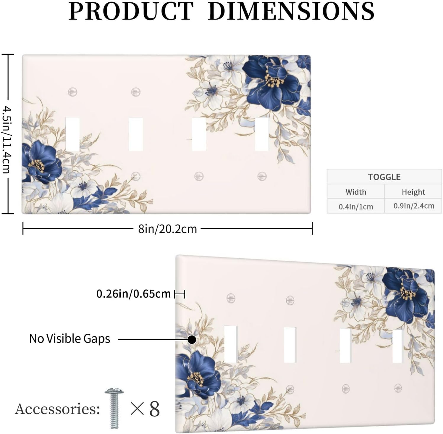 Decorative Light Switch Cover Plate Rustic Blue Beige Flower Peony Floral 4 Gang Wall Plates for Electrical Outlets Quad Toggle Switch Plate Covers Outlet Covers Faceplate for Bedroom Decor