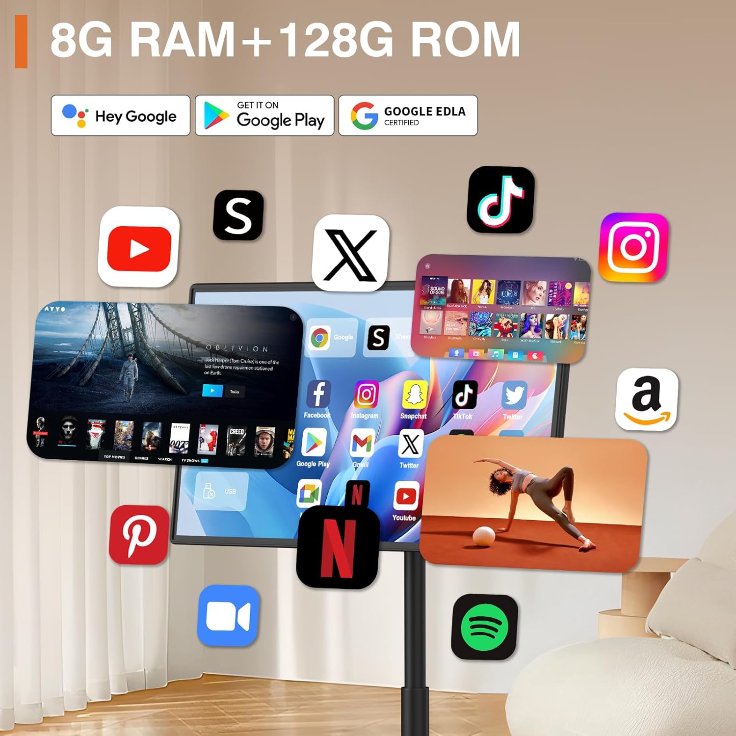 32-Inch Portable Smart Tablet, Portable TV on Wheels with 4K Camera, 8G RAM+128G Storage, Android 13 OS, Built-in Battery(Up to 8H), Full Swivel Rotation, Voice Remote Control(Black)