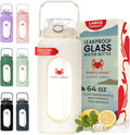 64 oz Glass Water Bottle – White | Leakproof Borosilicate Bottle with Straw, Silicone Sleeve, Time Marker – Half Gallon Hydration for Gym, Travel, Sports