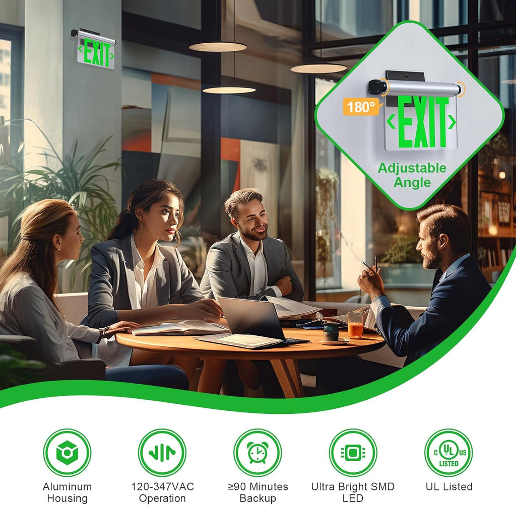 Led Edge-Lit Exit Sign ,Brushed Aluminum Housing Single-Sided Clear Rotating Acrylic Panel,Hardwired Emergency Exit Signs with Battery Backup, 120V-347VAC,Green Led Emergency Exit Light for Business , UL Listed,Top/Side/Wall Mount(1 Pack)