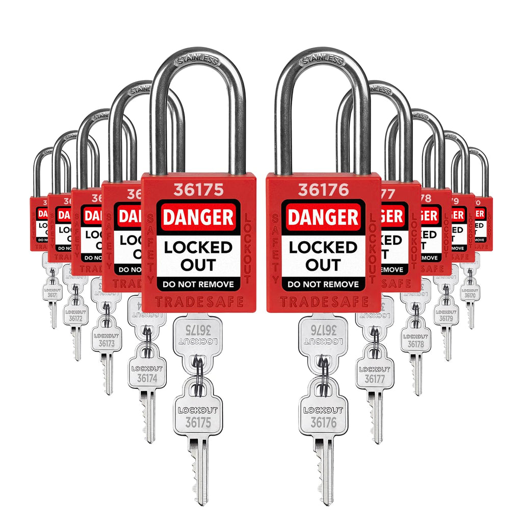 TRADESAFE Lockout Tagout Locks Set - 10 Red Loto Locks, Lockout Locks Keyed Different, 2 Keys Per Lock, OSHA Compliant Lock Out Tag Out Padlocks, Safety Padlocks for Electrical Lockout Tag Out Kits