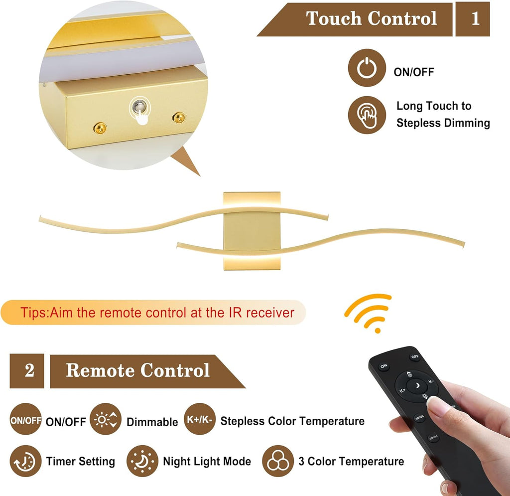 Battery Operated Wall Sconces Set of Two with Remote Control, Dimmable/3 Colors/Night-Light/Timer/Memory, Gold Modern Wireless LED Sconce for Living Room, Hallway, Bedroom, 31.4 Inch (2 Pack)