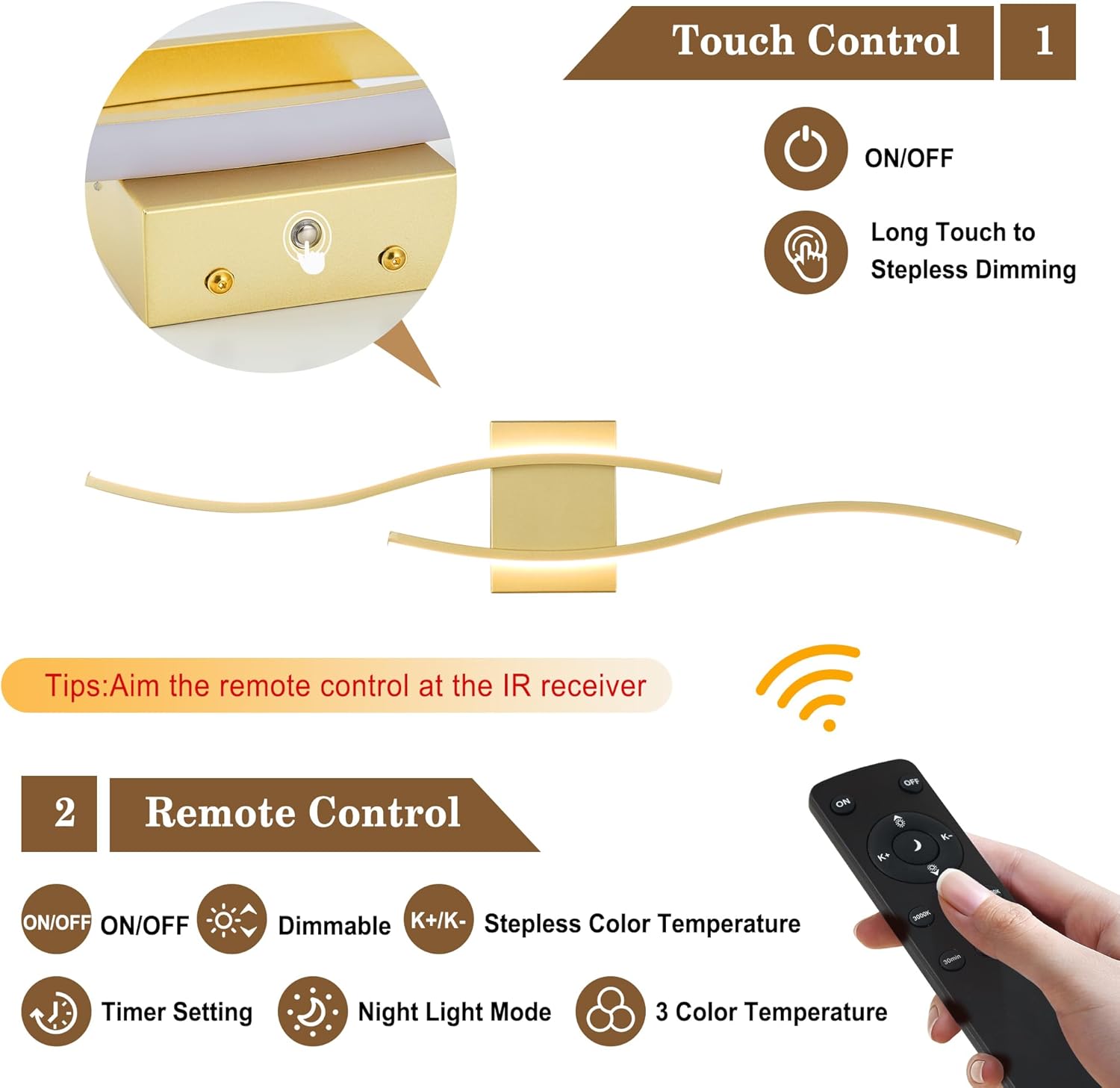 Battery Operated Wall Sconces Set of Two with Remote Control, Dimmable/3 Colors/Night-Light/Timer/Memory, Gold Modern Wireless LED Sconce for Living Room, Hallway, Bedroom, 31.4 Inch (2 Pack)