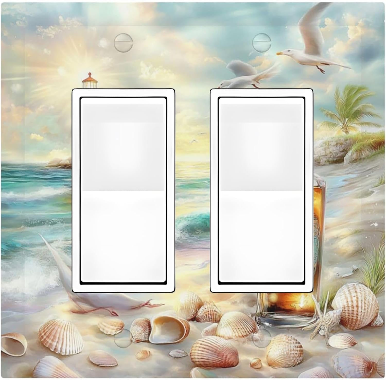 Decorative Outlet Covers Beach Ocean Lighthouse Seashells 2 Gang Double Gfci Rocker Electrical Wall Panels Light Switch Cover Plate For Bed Room Living Room Decor