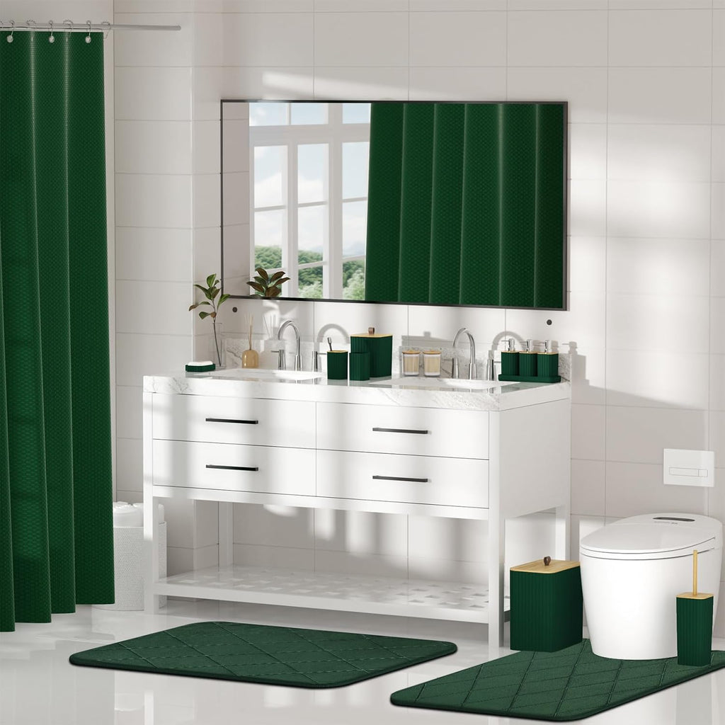 Bathroom Accessory Set - Dark Green Bathroom Set, 27PC Bathroom Accessories Set, Bathroom Sets with Shower Curtain and Rugs, Mini Trash Can, Toilet Brush, Trash Can & Soap Dispenser