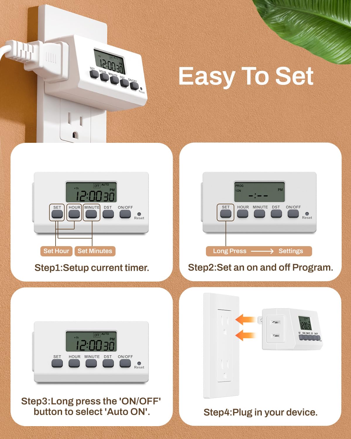 BN-LINK Indoor Digital Timer Outlet,24 Hour Light Timer Easy Programmable,Mini 2 Prong Plug in Timers for Electrical Outlets,Lamps,Fans,2 On/Off Programs,2 Pack,15A/1875W, ETL Listed
