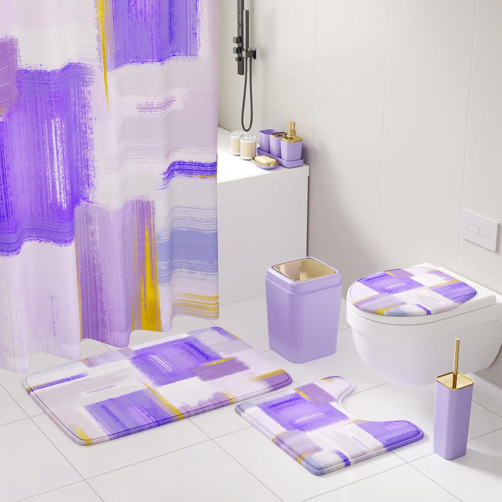 Bathroom Accessories Set - 26PCS Purple Bathroom Set, Bathroom Accessory Set with Shower Curtain and Rugs and Bathtub Mats for Home