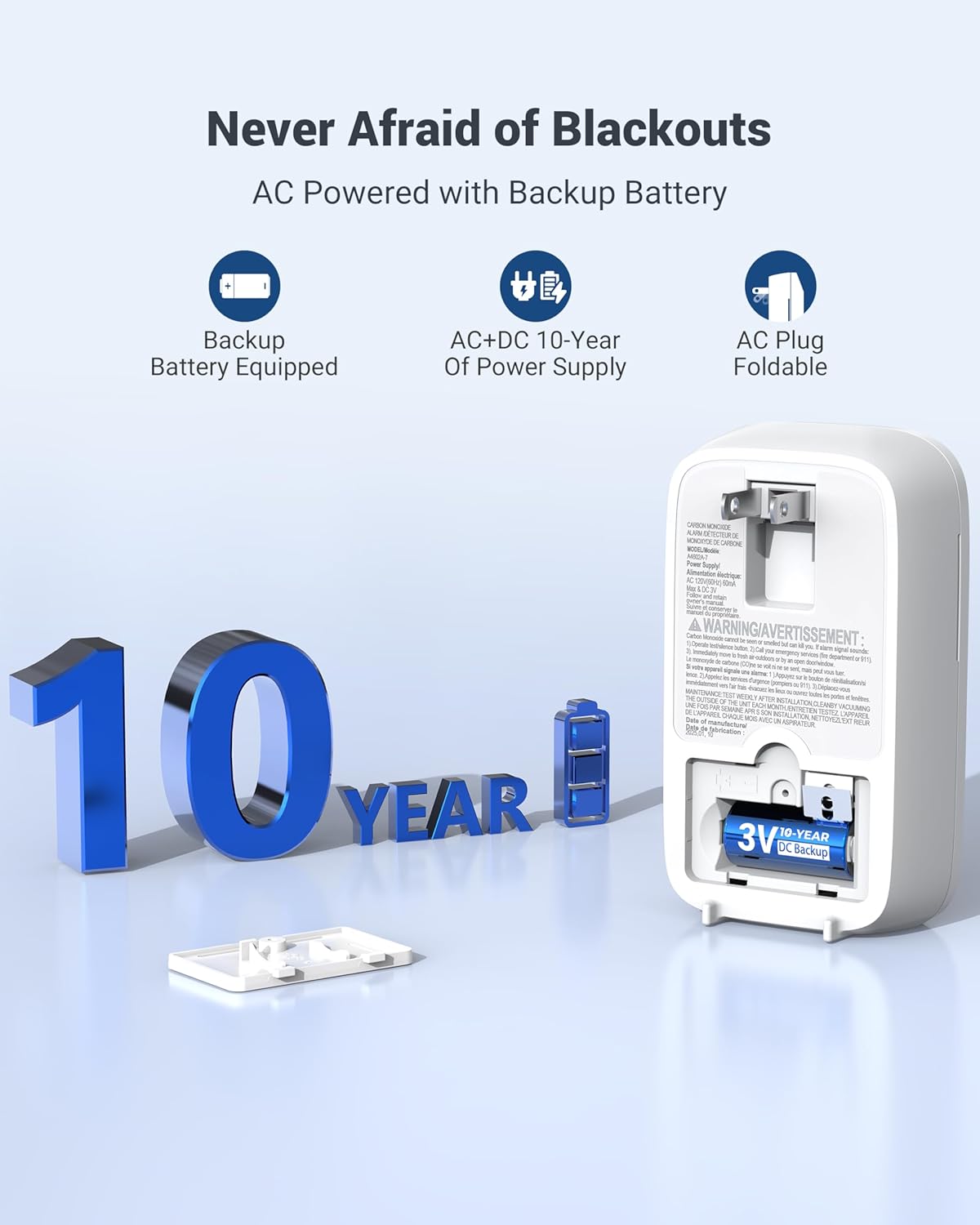 Ecoey Carbon Monoxide Detectors Plug-in with Advanced Electrochemical Sensor 10 Year Carbon Monoxide Detector Foldable Plug with Battery Backup CO Detector for Home and Kitchen FJ146A, 2Packs