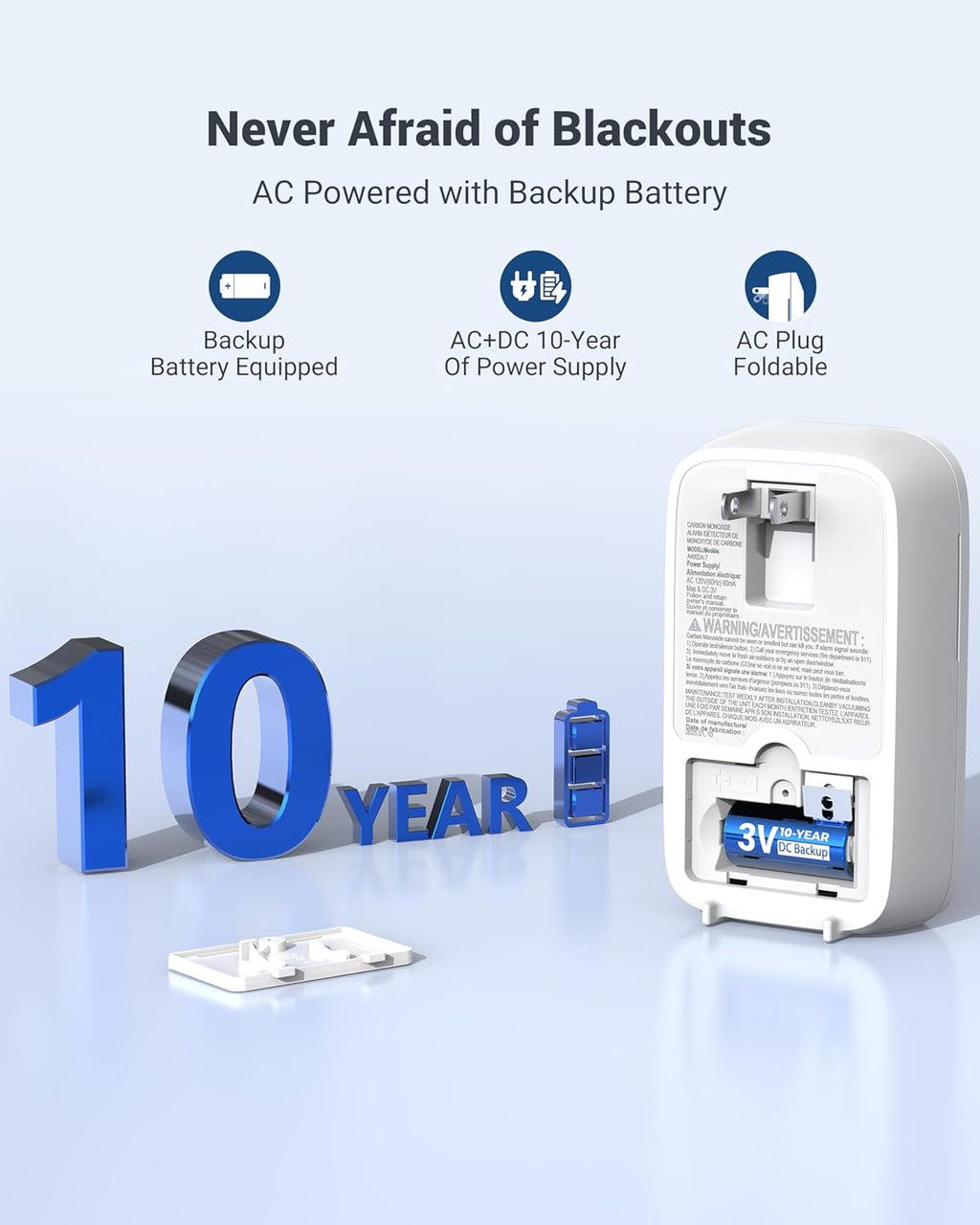 Ecoey Carbon Monoxide Detectors Plug-in with Advanced Electrochemical Sensor 10 Year Carbon Monoxide Detector Foldable Plug with Battery Backup CO Detector for Home and Kitchen FJ146A, 1 Pack