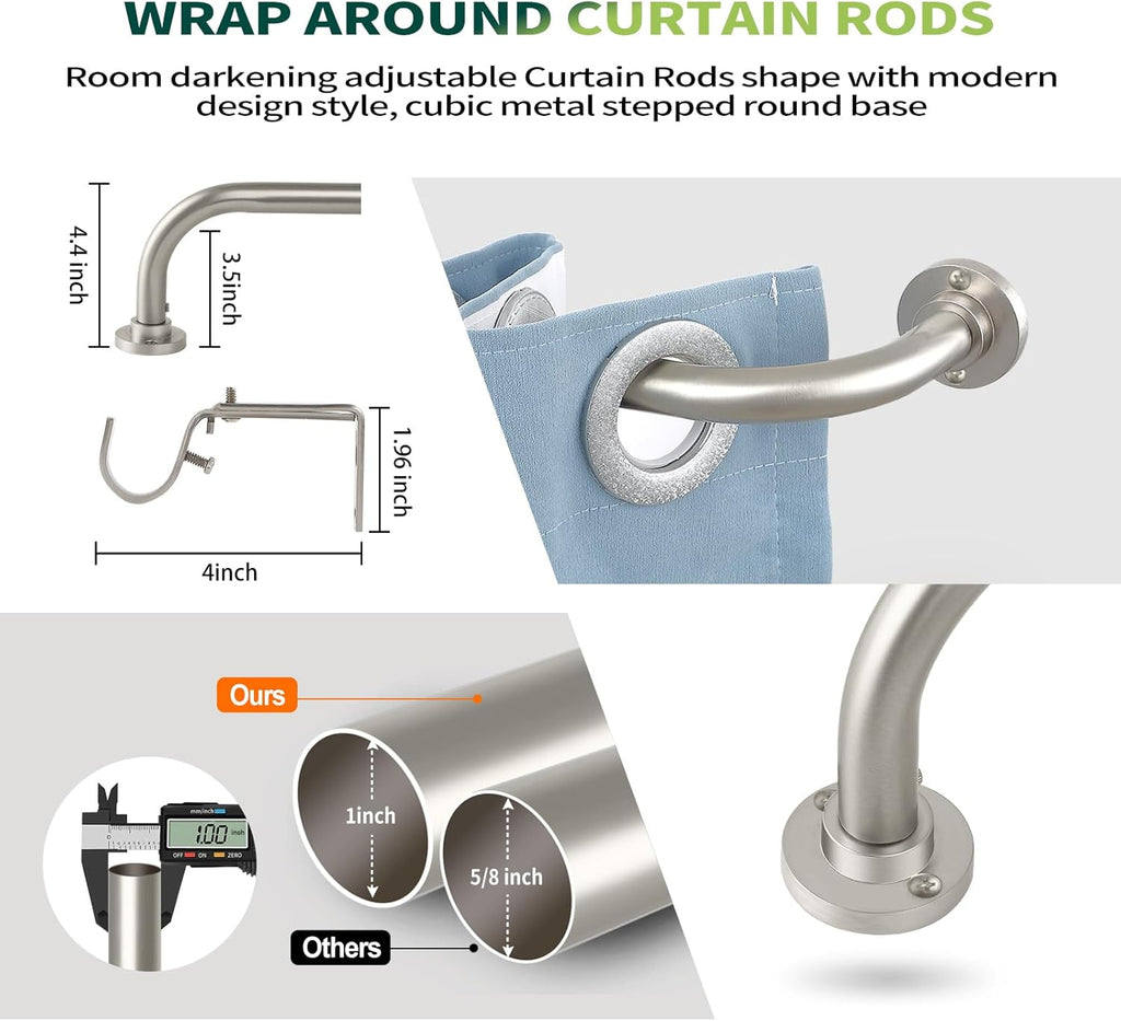 Nickel Wrap Around Curtain Rods 48 to 90 In:Blackout Heavy duty Adjustable Window Curtain Rod for Bedroom,Industrial Darkening Curved French Metal Single Drapery Rods Easy Install,Satin Nickel