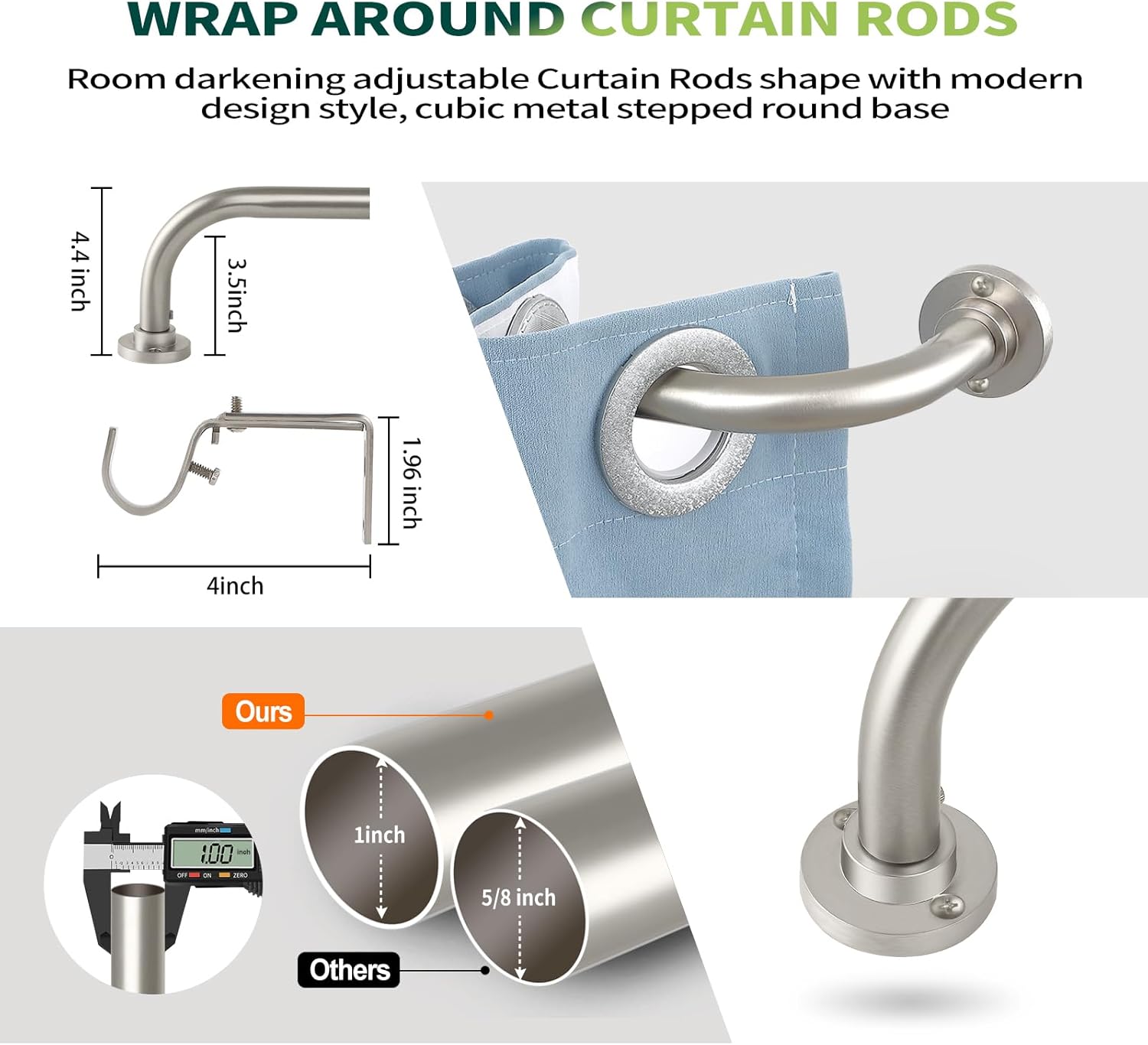 Nickel Wrap Around Curtain Rods 28 to 48 In:Blackout Heavy duty Adjustable Window Curtain Rod for Bedroom,Industrial Darkening Curved French Metal Single Drapery Rods Easy Install,Satin Nickel