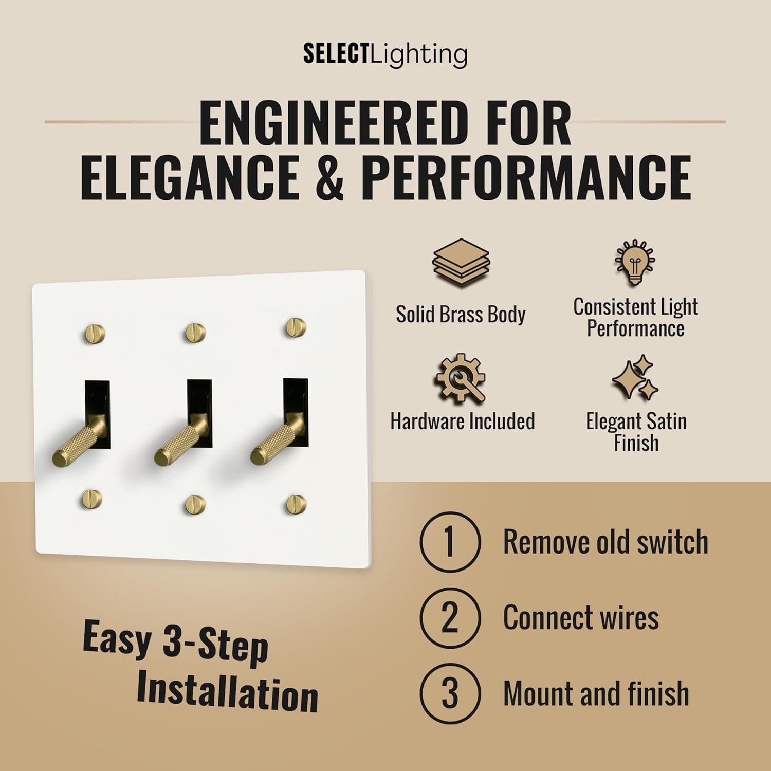 Select 15A 120V AC 3-Gang Toggle Switch, White with Solid Brass Vintage Style Single Pole 3 Way Compatible Wall Mount Toggle Switch, Included Faceplate & Switch Module, UL Listed