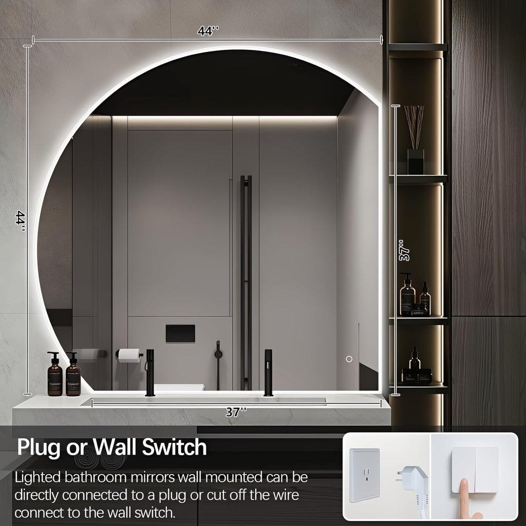 Niccy Half Moon LED Mirror for Bathroom, 28" Backlit + Front Lit Lighted Semi Round Makeup Mirrors for Wall, Anti-Fog, Dimmable 3-Colors, Memory Function, Shatterproof Smart Vanity Mirror