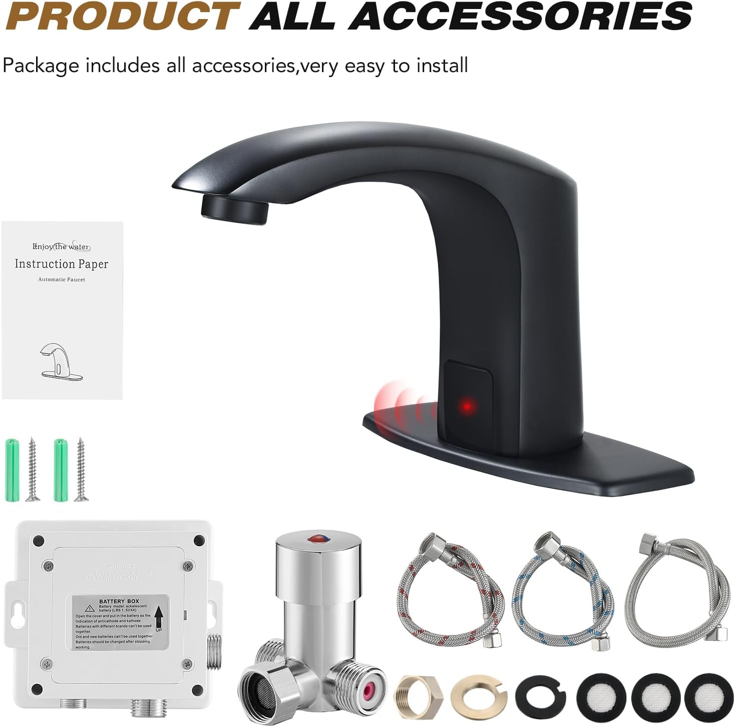 Gangang Automatic Sensor Touchless Bathroom Sink Faucet with Hole Cover Plate and Water Mixer Valve