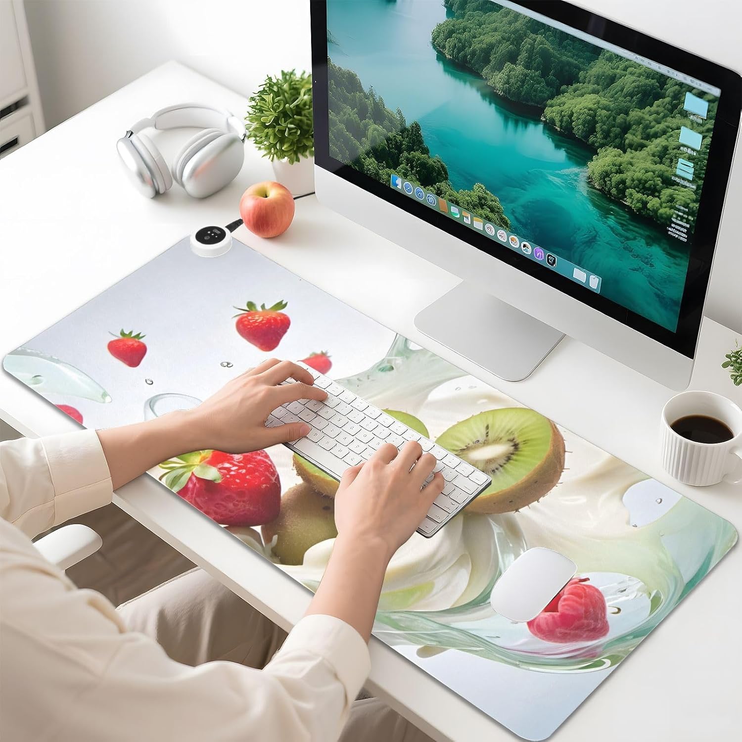 Large Heated Mouse Pad,Leather Desk Mat,31.5"x13",Hand Warmer Pads for Desk,Fruit(Red Cream)