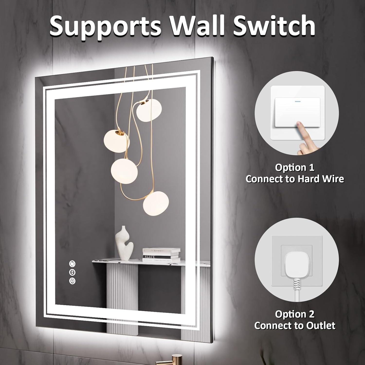 28" x 20" LED Bathroom Mirror with Lights, Front and Backlit Mirror, Anti-Fog Lighted Vanity Mirror, Stepless Dimmable, 3 Colors LED Mirror (Horizontal/Vertical)