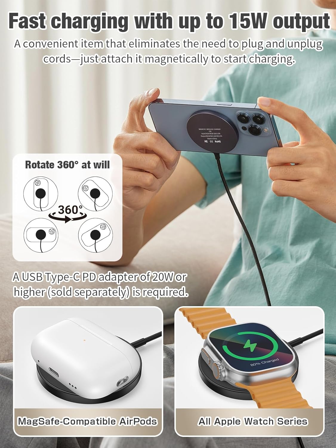 3-in-1 Magnetic Wireless Charging Pad with 15W Fast Charging for iPhone 17/16/15/14/13/12 Series, Apple Watch & AirPods, Compatible with MagSafe, for Bedside Desk Travel Home Office (Black)