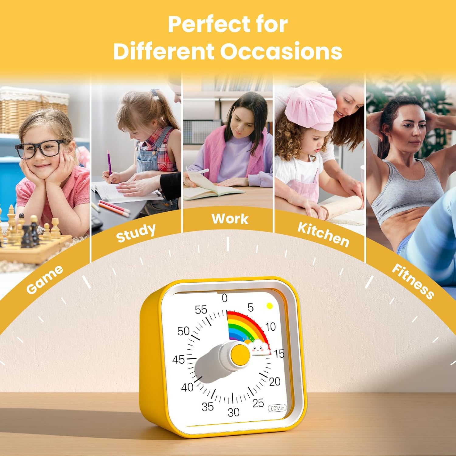 Visual Timer for Kids with Pause Function, Cute Silent Timer with Rainbow for Classroom, Teaching, Task, Kitchen, 60 Minute Countdown Time Management for ADHD (Rainbow Yellow)