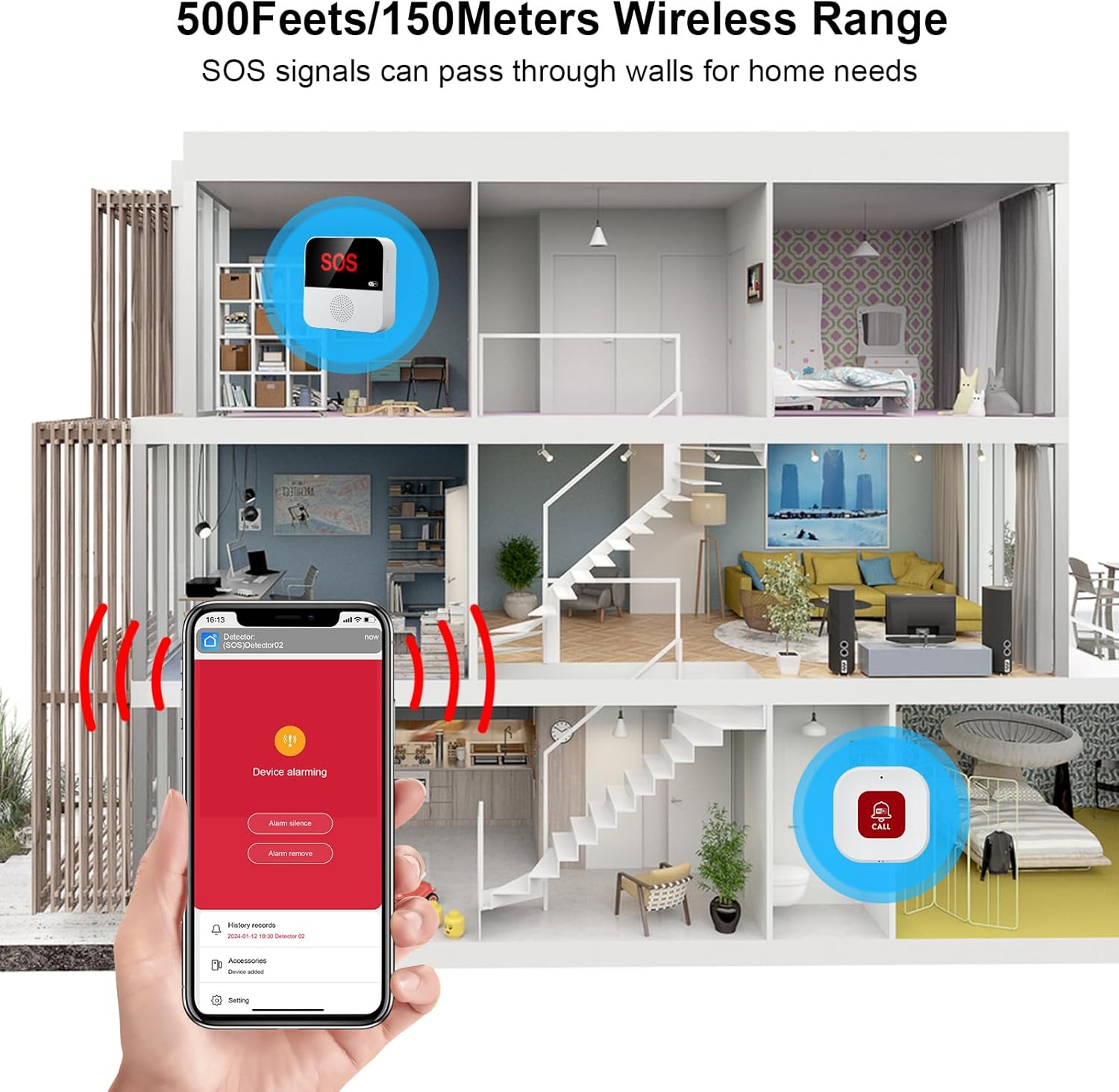 WiFi Pager, Caregiver Pagers Life Alert Systems for Seniors no Monthly Fee, 1 Receiver and 1 SOS Panic Button & 1 Watch Pager, Compatible with Tuya Smart/Smart Life APP