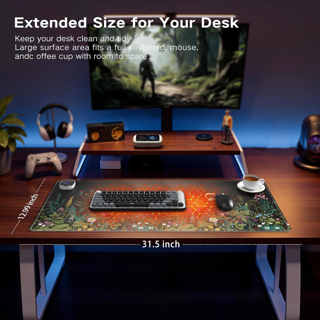iCasso Heated Mouse Pad, XL Big Aesthetic Desk Pad with 4 Heating Levels & 4 Auto Shut-Off Levels for Computer Keyboard, 31.5" x 13" Large Safe Desk Mat Hand Warmer for Home Office Work (Weeds)