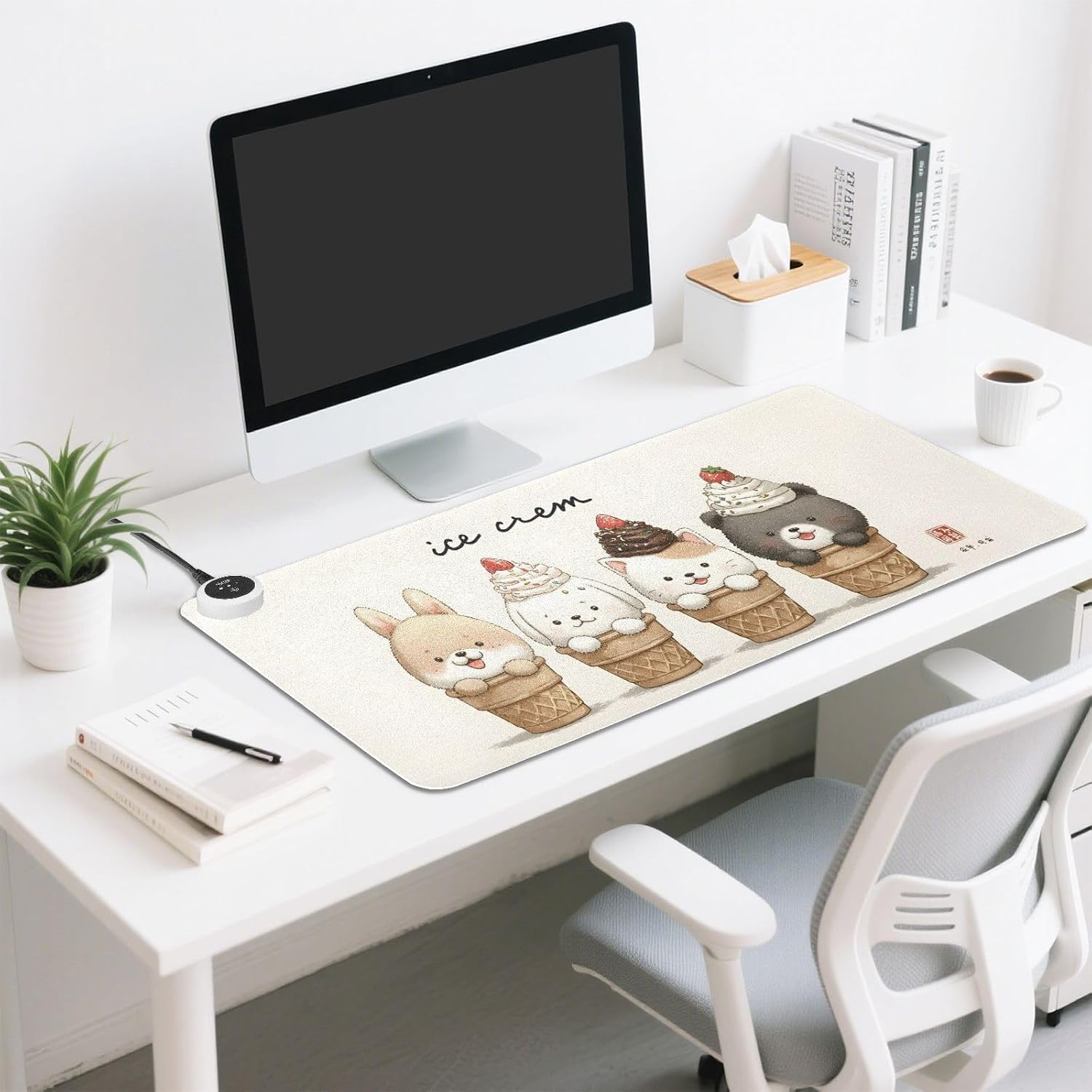 Large Heated Mouse Pad,Leather Desk Mat,31.5"x13",Hand Warmer Pads for Desk,Bunny（Off-White）