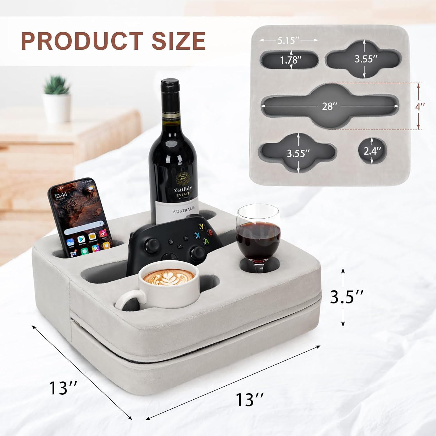 Couch Cup Holder Pillow - Sofa Cup Holder | Couch Caddy, Couch Drinks Remotes Holder for Cups, Headphones, Snacks, and Phones | Use it on Car, Pack, Beach, RV, and More(Silvergrey)