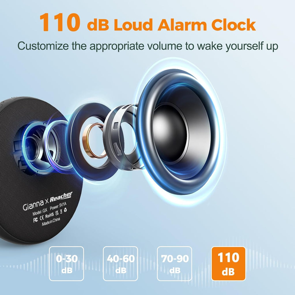 Gianna Vibrating Alarm Clock for Heavy Sleepers - 110dB Loud Alarm Clock, 3 Wake Modes, Auto-Dimming, Rechargeable Battery Operated Bed Shaker for Bedroom and Travel