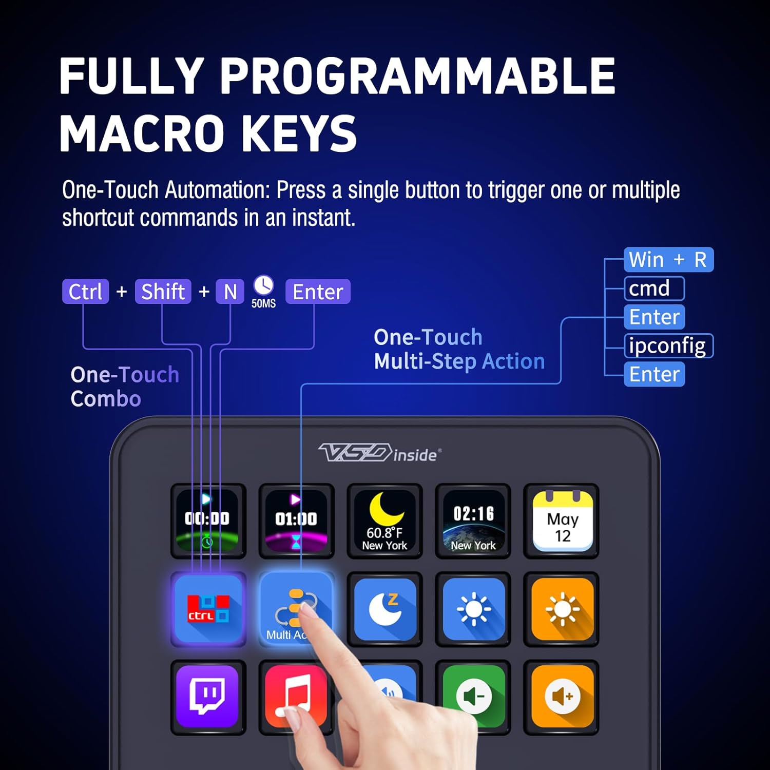 VSDINSIDE Macro Keypad, Stream Controller Deck Gaming Streaming Shortcut Keyboard, 18 Programmable Keys Customizable Visual AI Pad USB Soundboard for OBS, YouTube, Desk Office Setup, Laptop, PC, Mac