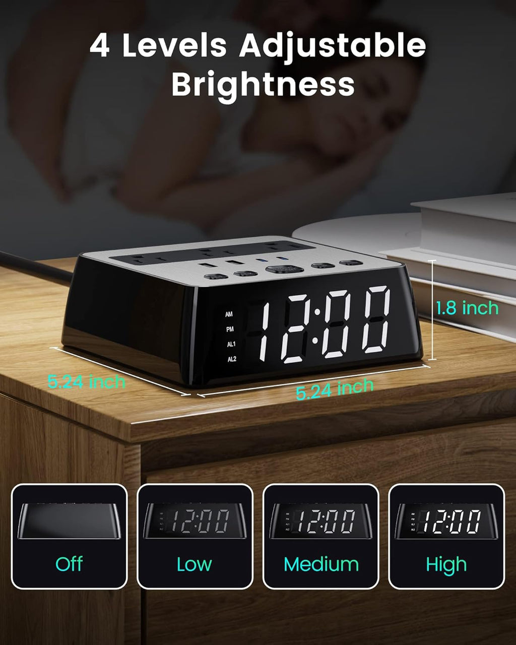 Alarm Clock with USB Charger JACKYLED Power Strip Total 4.8A USB Ports LED Full Screen Surge Protector 6.5ft Cord 4 Dimmer for Heavy Sleepers Compatible with Phone Tablet Computer Black Silver