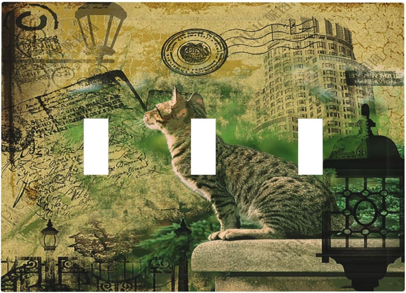Decorative Light Switch Cover Plate Vintage Style Cat City Stamp 3 Gang Wall Plate Triple Toggle Switch Plate Covers Electrical Outlet Cover for Bedroom Home Decor