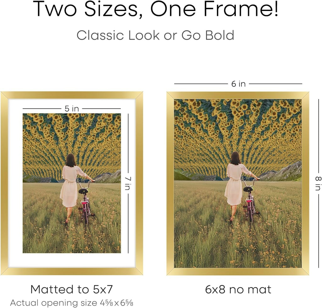 Homeforia 6x8 Picture Frame Gold, High End Metal 6 x 8 Frames with Mat 5 by 7 for Print, Photo Frame 6x8 Gold Matted to 5x7 inches Art, 6by8 Wall or Tabletop Frames, Tempered Glass, Wall Kit, Set of 2