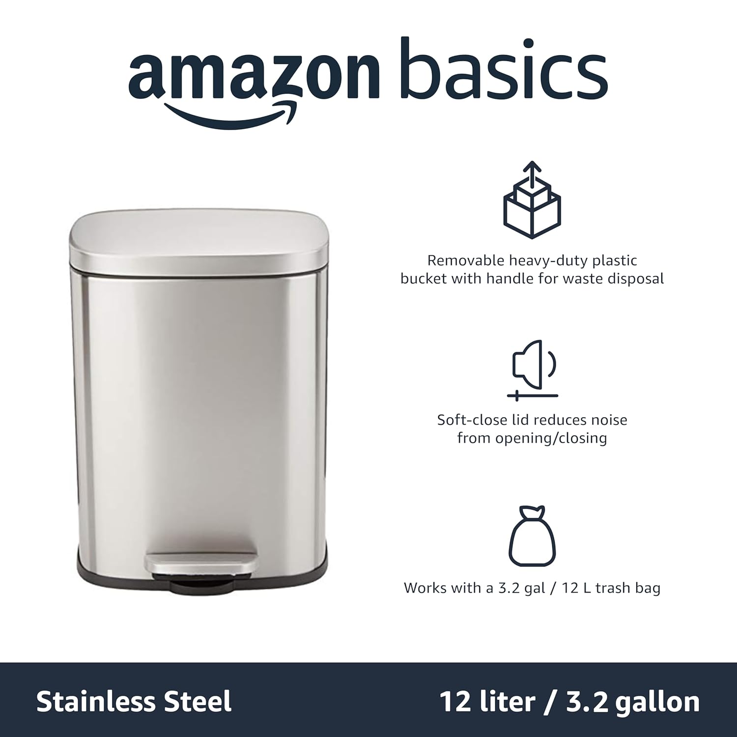 Amazon Basics Smudge Resistant Small Rectangular Trash Can With Soft-Close Foot Pedal, Brushed Stainless Steel, 12L/3.2 Gal, 11.3x9.9x15.1 in, Satin Nickel Finish