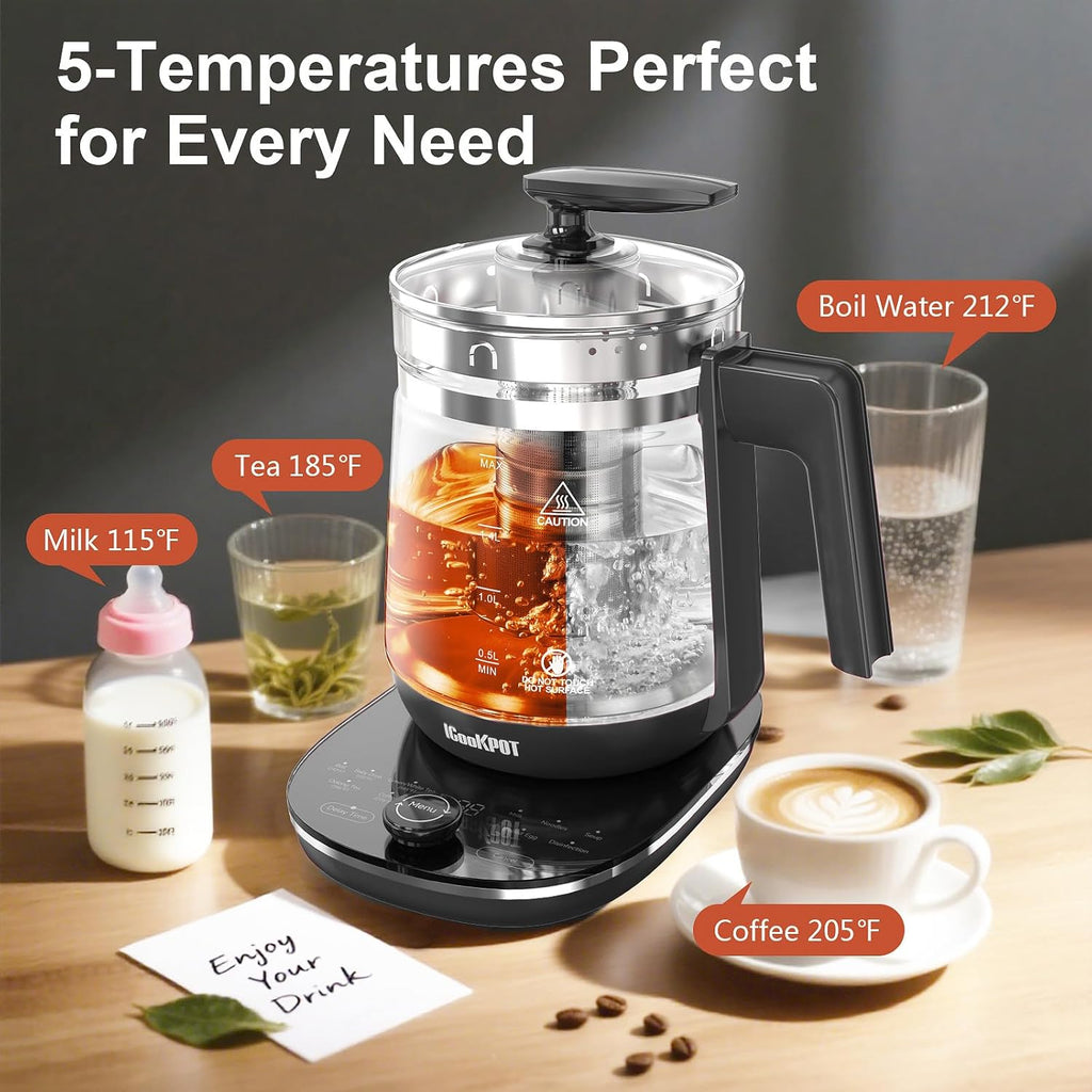 Glass Electric Kettle with Tea Infuser – 1.5L Stainless Steel, 1200W Rapid Boil, Temp & Programmable Control for Teas/Coffee – Black