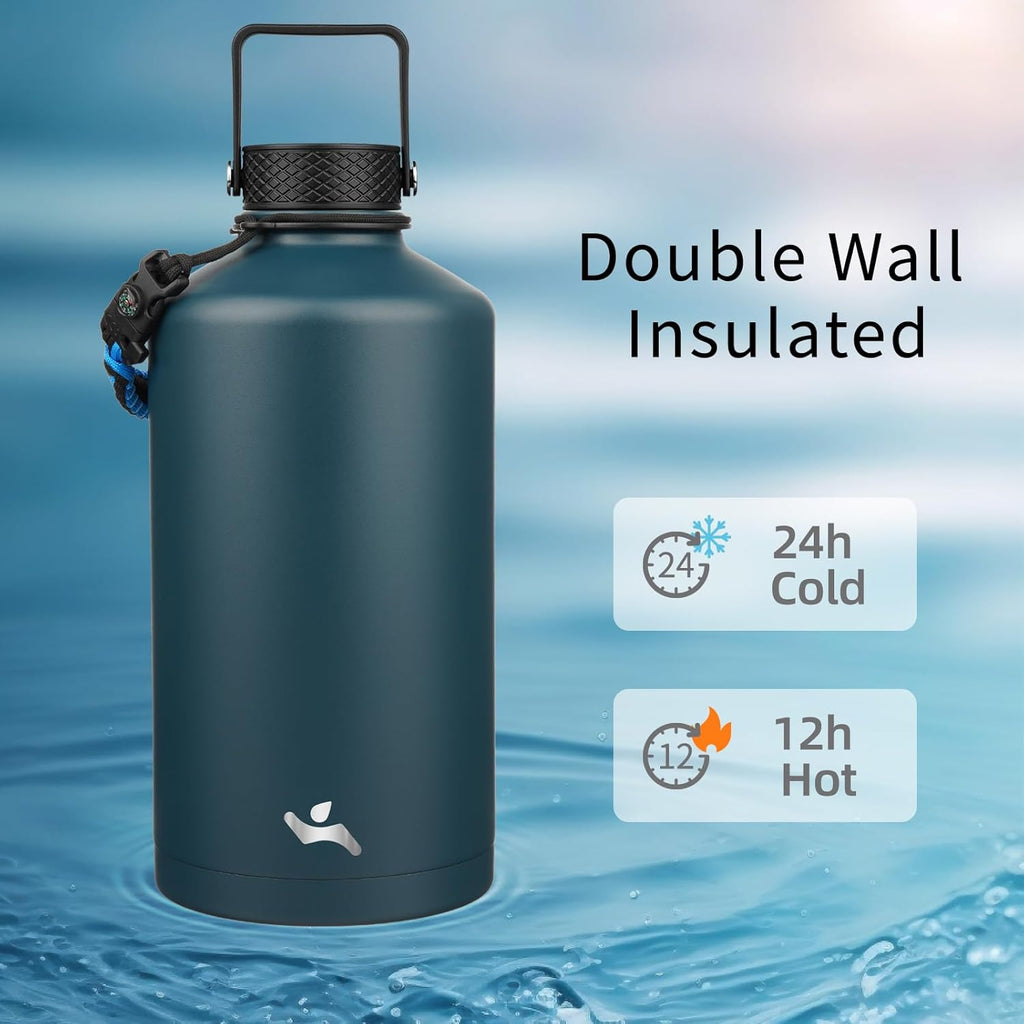 Gallon Insulated Water Bottle with Straw,128 oz 3 Lids Water Jug with Carrying Bag,Paracord Handle, Double Wall Vacuum Stainless Steel Metal Flask,Navy Blue