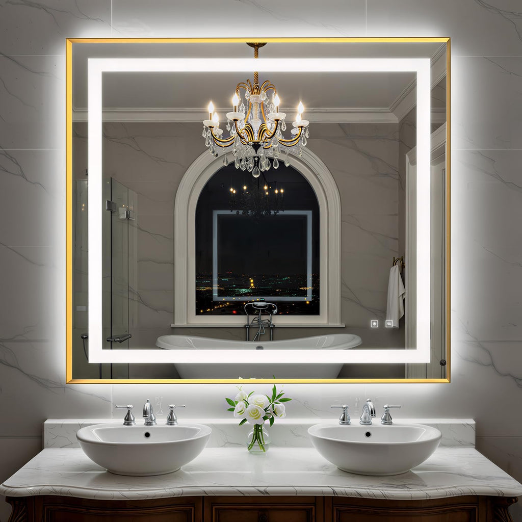 40X36 Inch LED Bathroom Mirror with Lights, Gold Frame Frontlit+ Backlit Bathroom Vanity Mirror for Wall, Ultra-Clear Tempered Glass, Shatter-Proof, Anti-Fog and Memory Function, ETL Listed