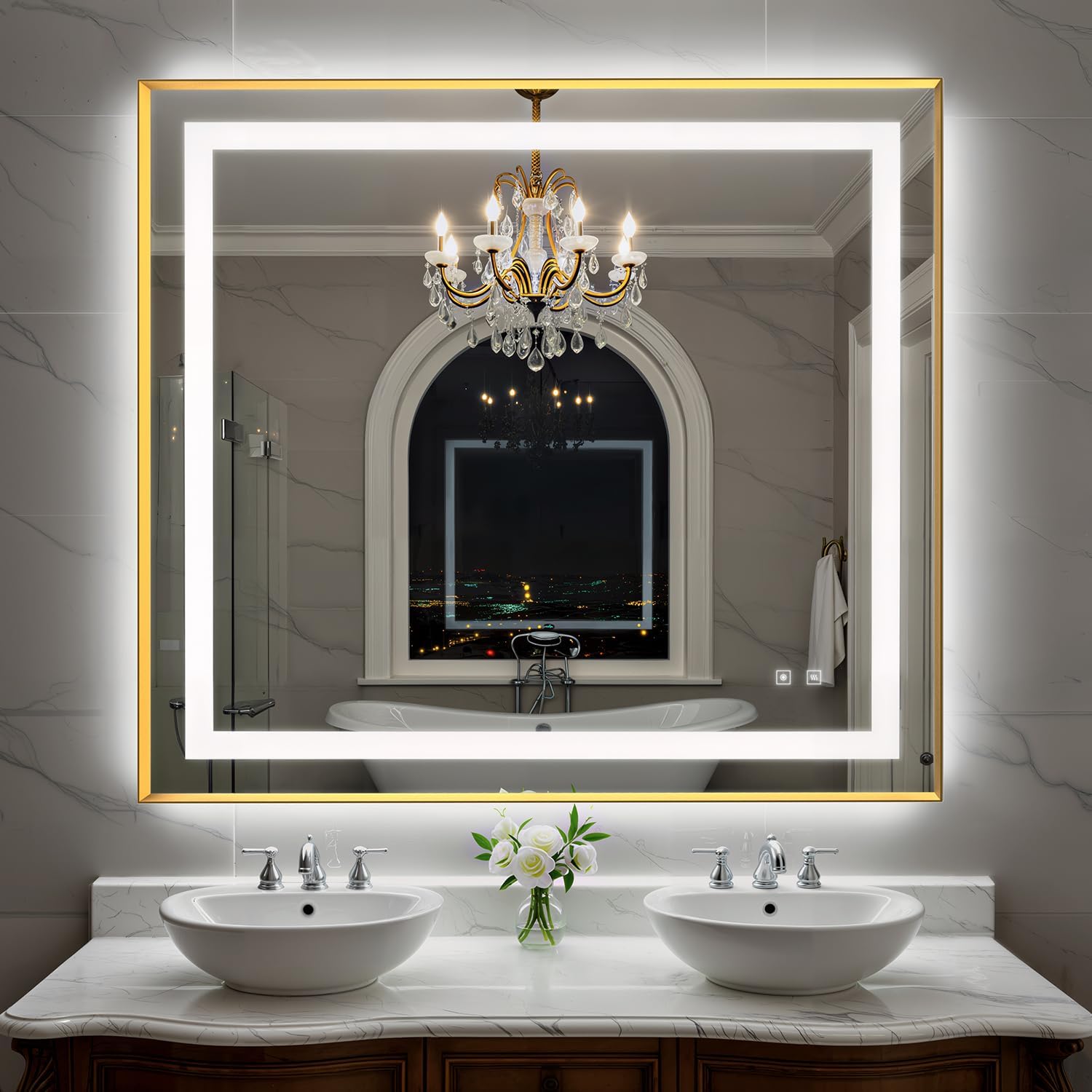 40X36 Inch LED Bathroom Mirror with Lights, Gold Frame Frontlit+ Backlit Bathroom Vanity Mirror for Wall, Ultra-Clear Tempered Glass, Shatter-Proof, Anti-Fog and Memory Function, ETL Listed