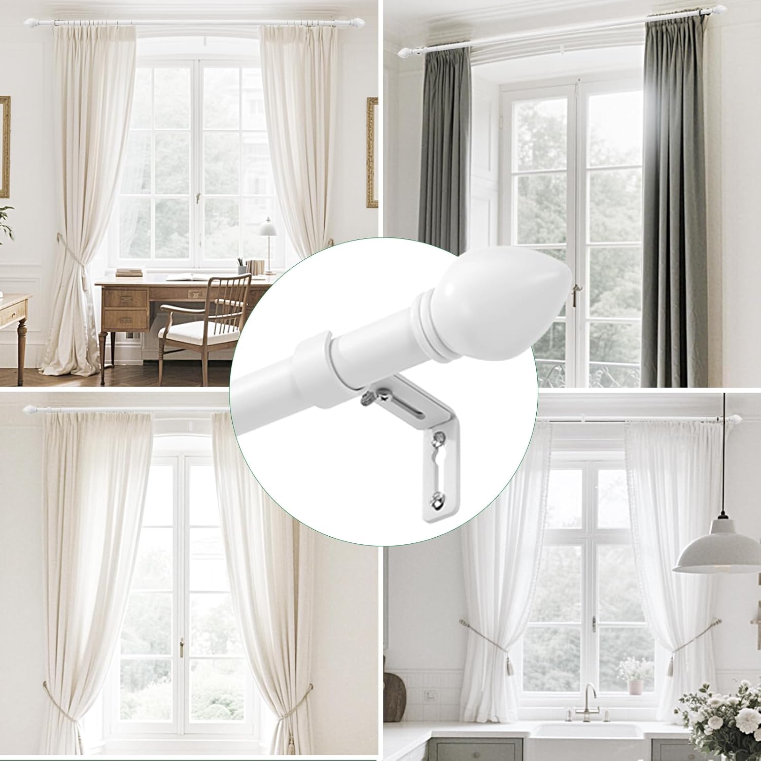 Curtain Rods for Windows 16 to 48 inches, Curtain Rod Max Adjustable Length to 60 in, Drapery Rod 1 inch Diameter with Modern Knobs Finials (White, 16" to 48" - Set of 1)