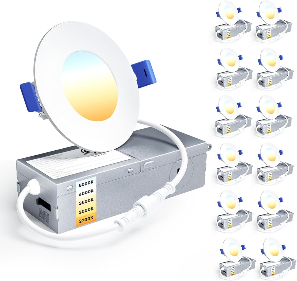 Ensenior 12 Pack 3 Inch LED Recessed Ceiling Light, Dimmable, 2700K-5000K 5CCT, 500LM 6W 120V, High Brightness Canless Wafer Downlight - ETL&FCC&IC