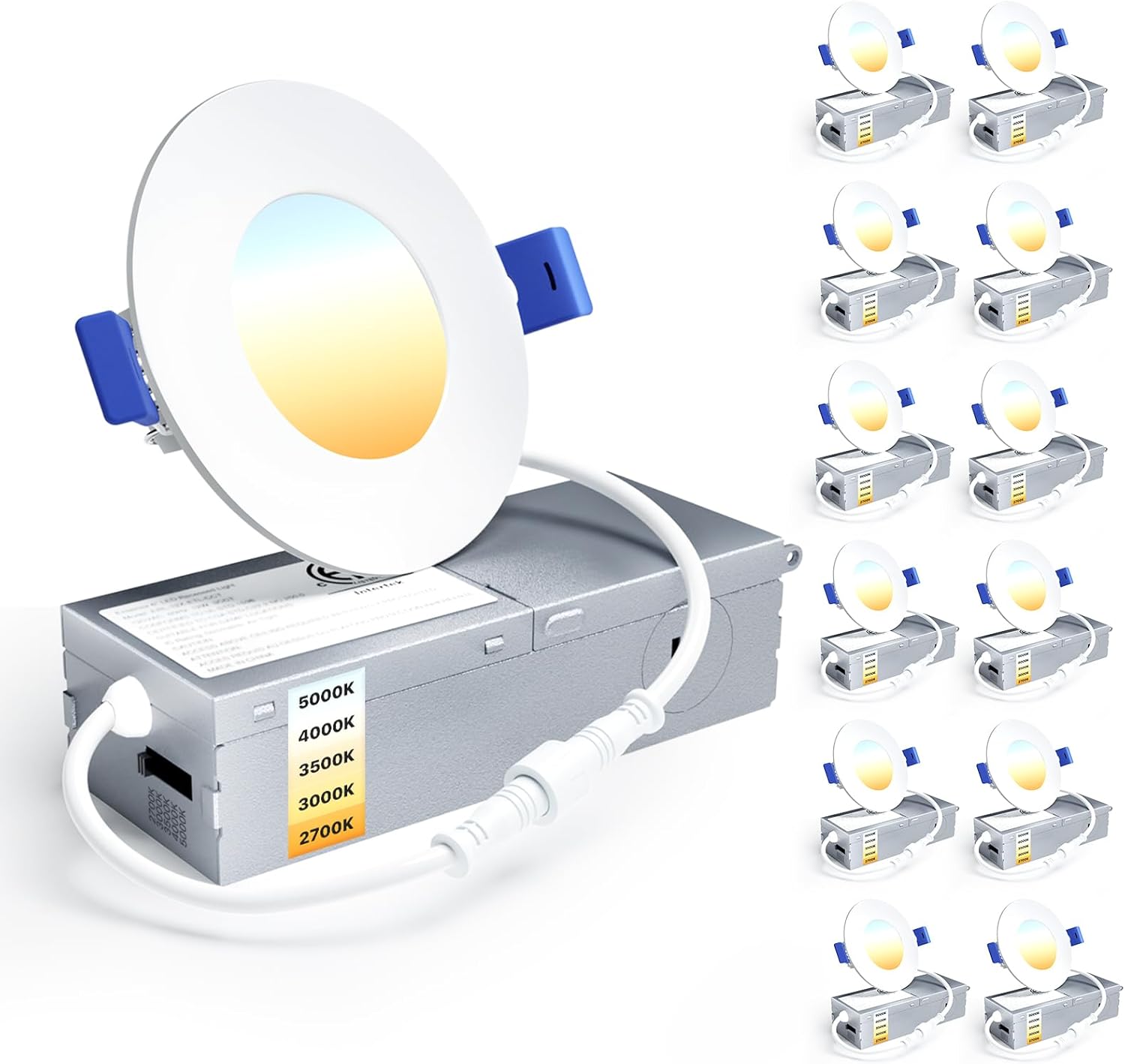 Ensenior 12 Pack 3 Inch LED Recessed Ceiling Light, Dimmable, 2700K-5000K 5CCT, 500LM 6W 120V, High Brightness Canless Wafer Downlight - ETL&FCC&IC