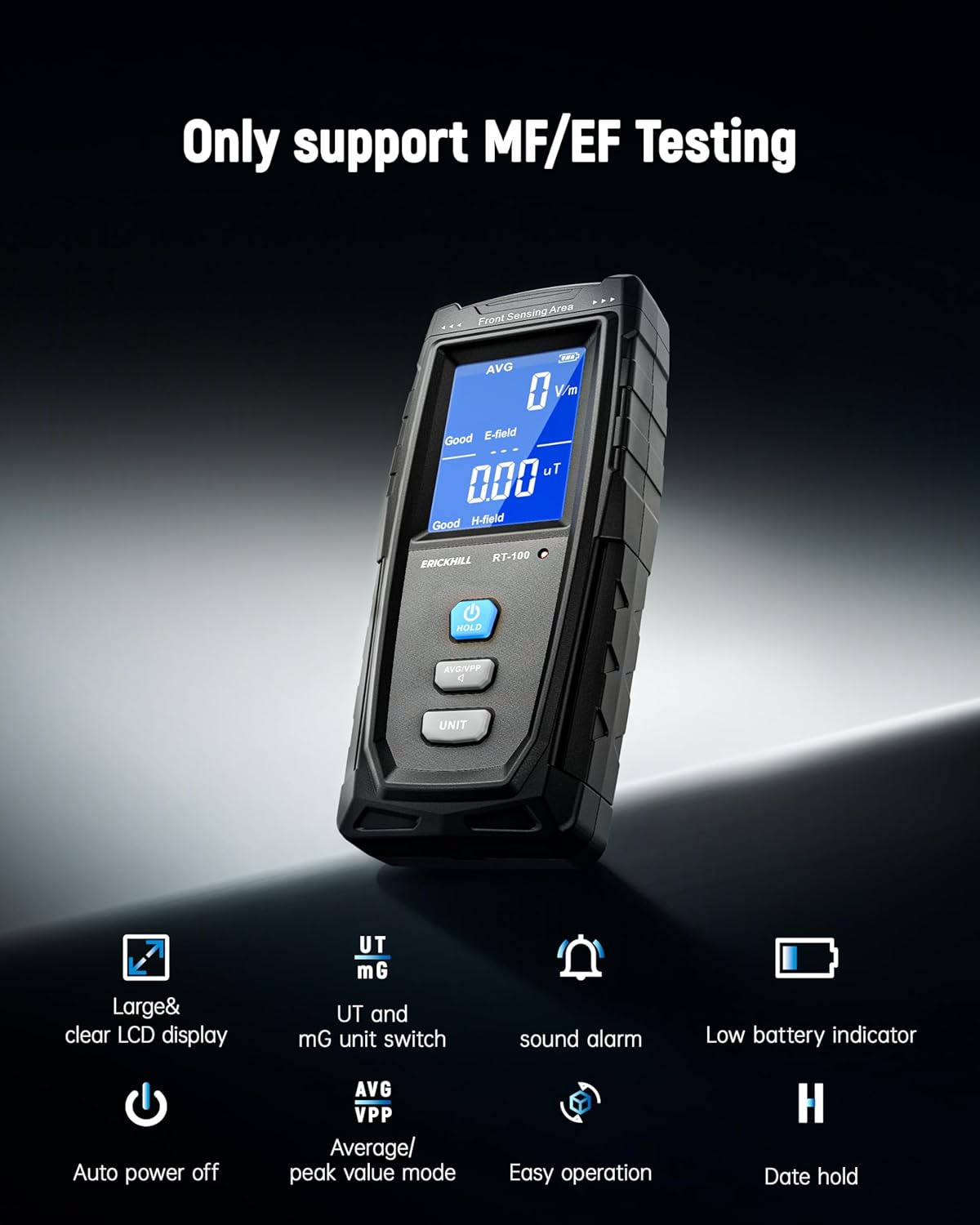 ERICKHILL EMF Meter, Detects Electric and Magnetic Fields, Handheld Digital EMF Detector with LCD Display, Sound-Light Alarm, Rechargeable Battery for Home, Office, and Appliances (Blue)